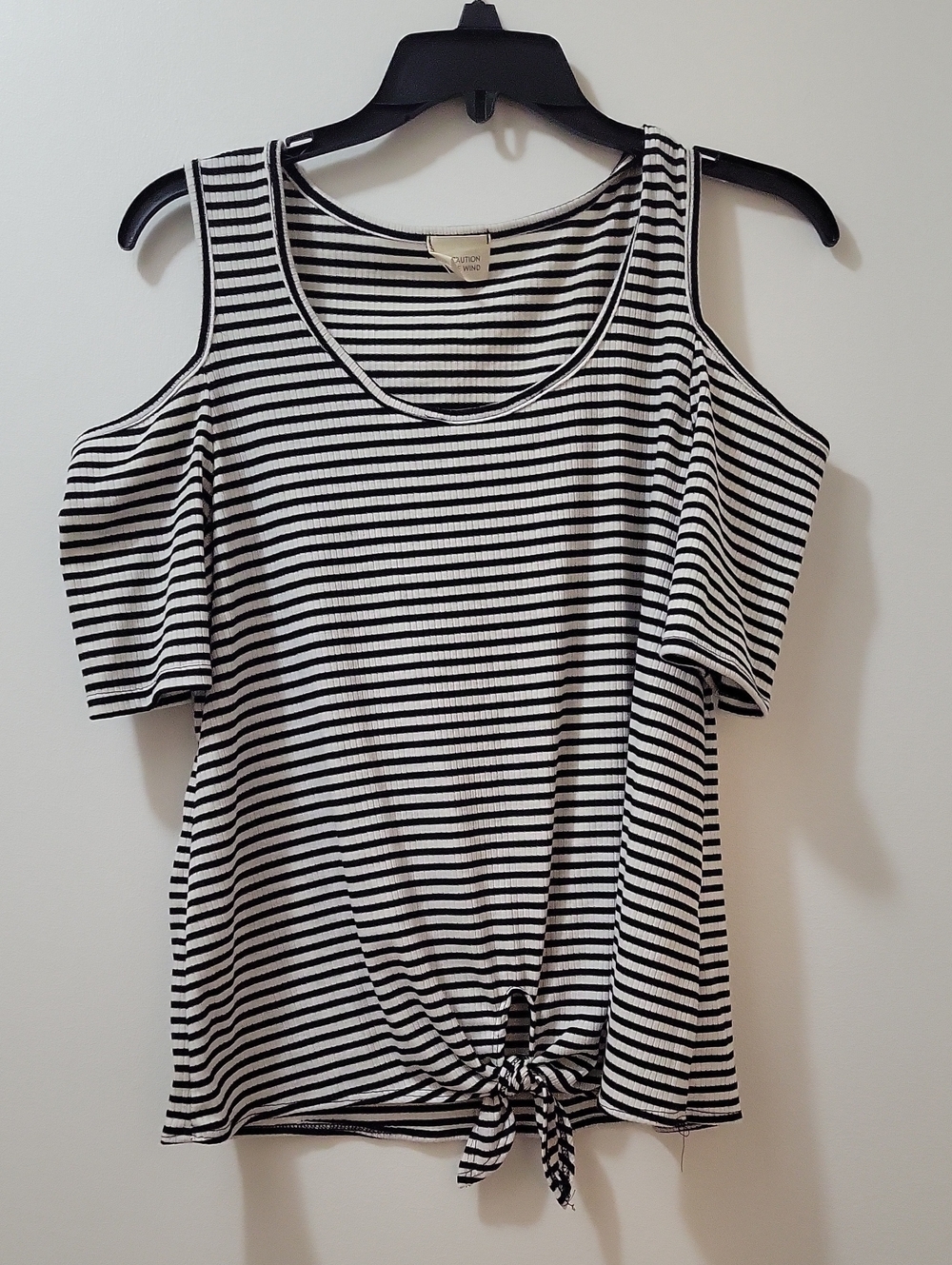 Cold-Shoulder Black & White Striped Tie-Front Women's Top